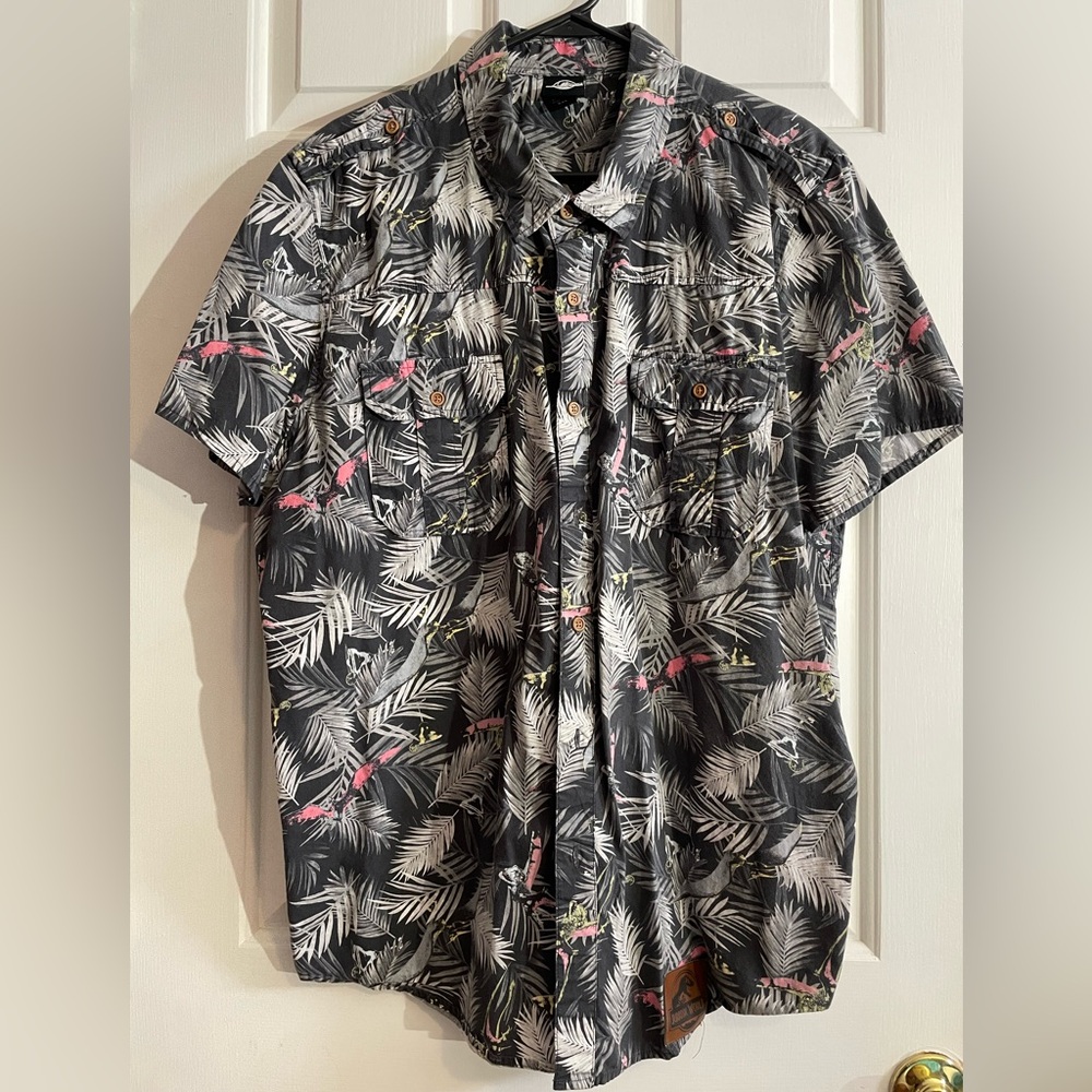 Men’s Double XL (XXL) Jurassic World Tropical Black/White Hawaiian Button Down